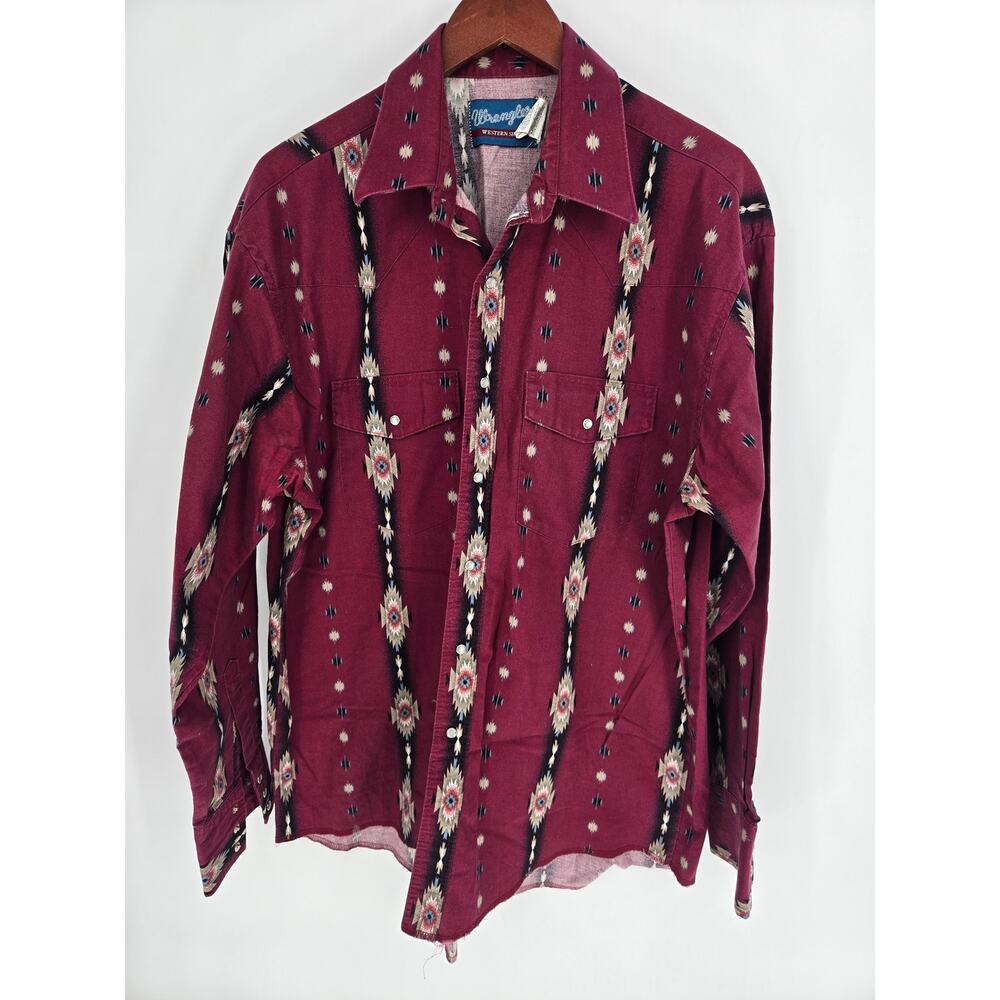 Wrangler Vintage Western Pearl Snap Shirt Southwestern Print Maroon Men's XL